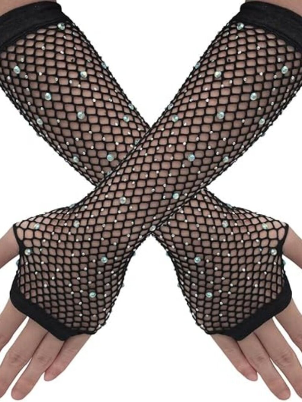 Rhinestone Fishnet Fingerless Arm Gloves Long Mesh Sleeve 80s Party Costume